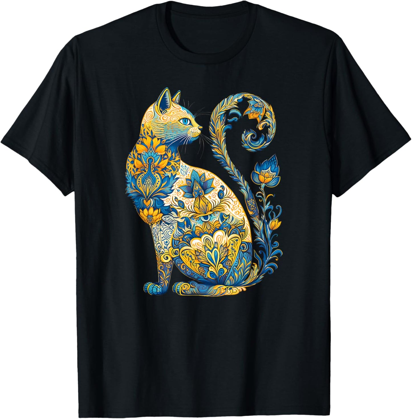 Ukrainian Cat Floral Vintage Ukraine Flag & Vyshyvanka Style T-Shirt - T-Shirt | Black