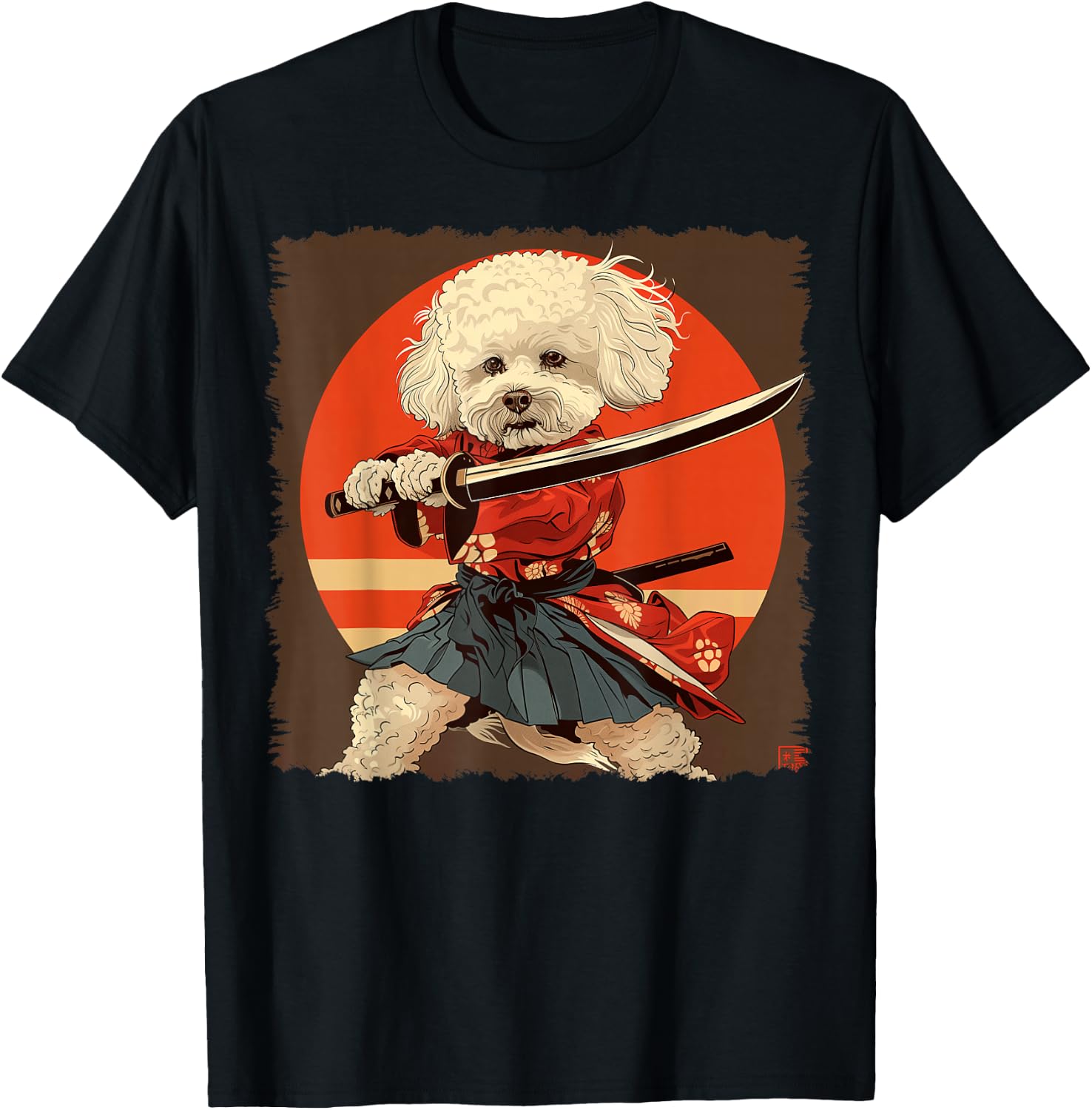 Bichon Frise Dog Japanese Art Samurai Ukiyo-e Vintage T-Shirt - T-Shirt | Black
