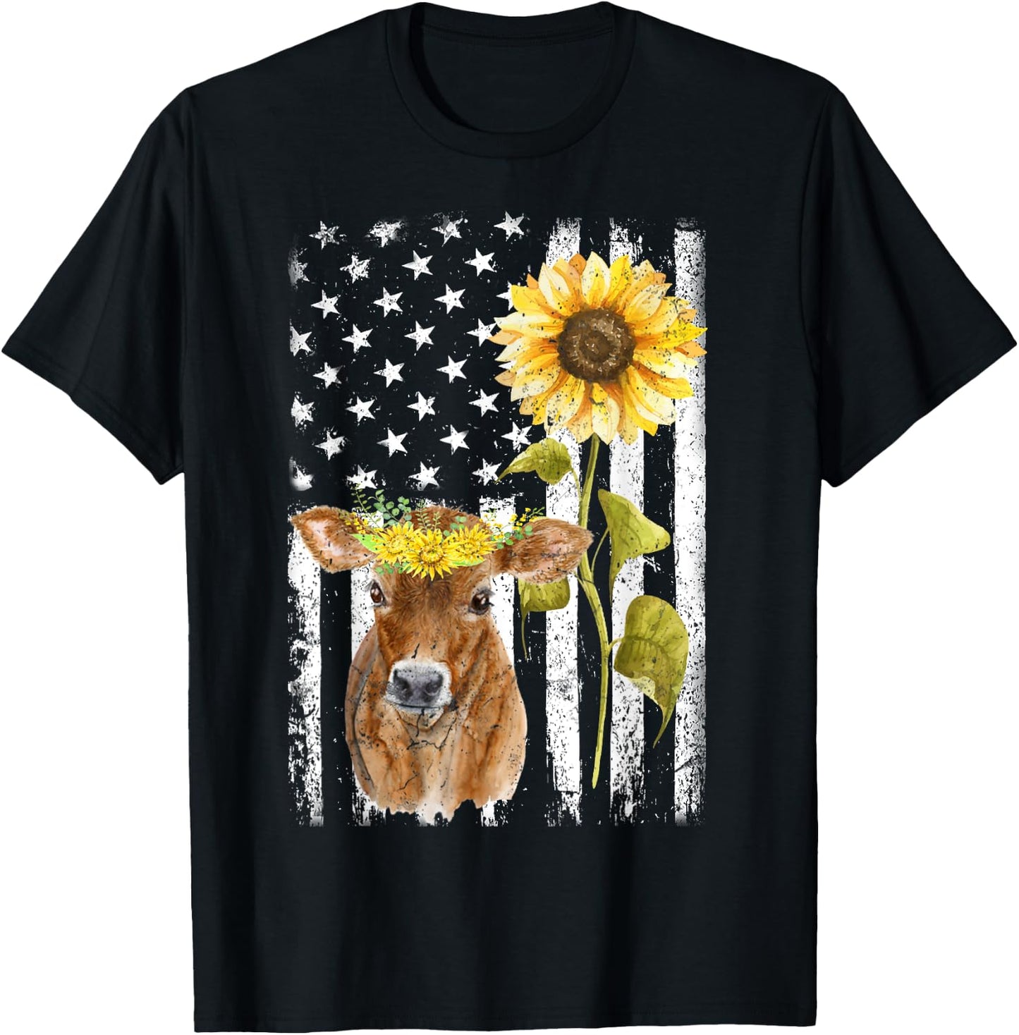 Cow USA Flag Sunflower Cow Lover Women Girls Kids Men T-Shirt - T-Shirt | Black