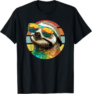 Cool sloth with sunglasses summer retro sunset T-Shirt - T-Shirt | Black