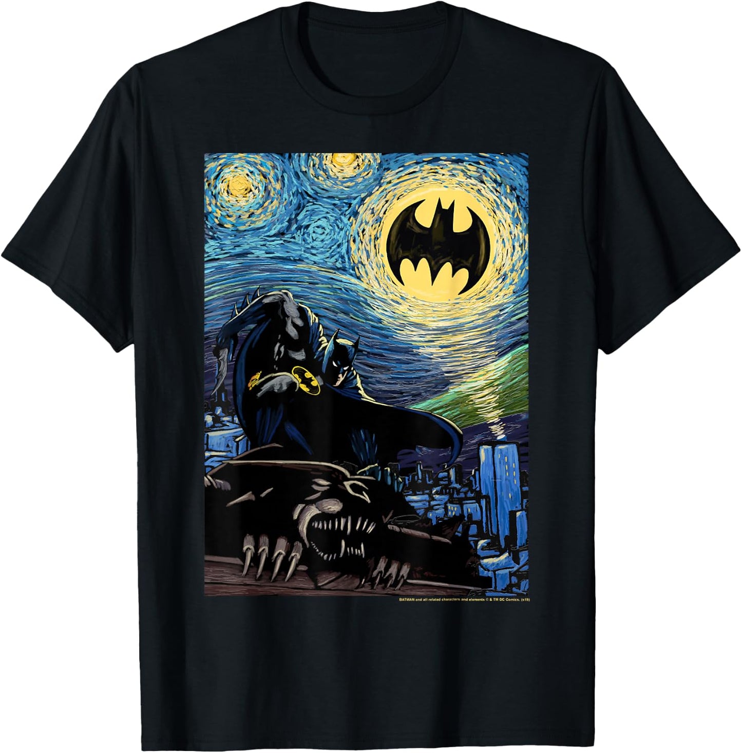 DC Comics Batman The Dark Knight Starry Night Style Poster T-Shirt - T-Shirt | Black