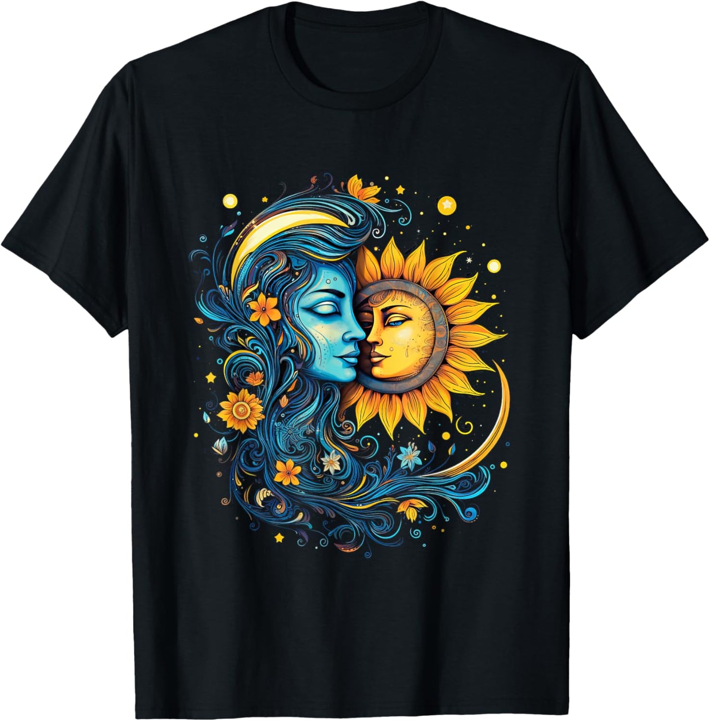 Mystic Sun and Moon Woman Mystical Flowers Aesthetic T-Shirt - T-Shirt | Black
