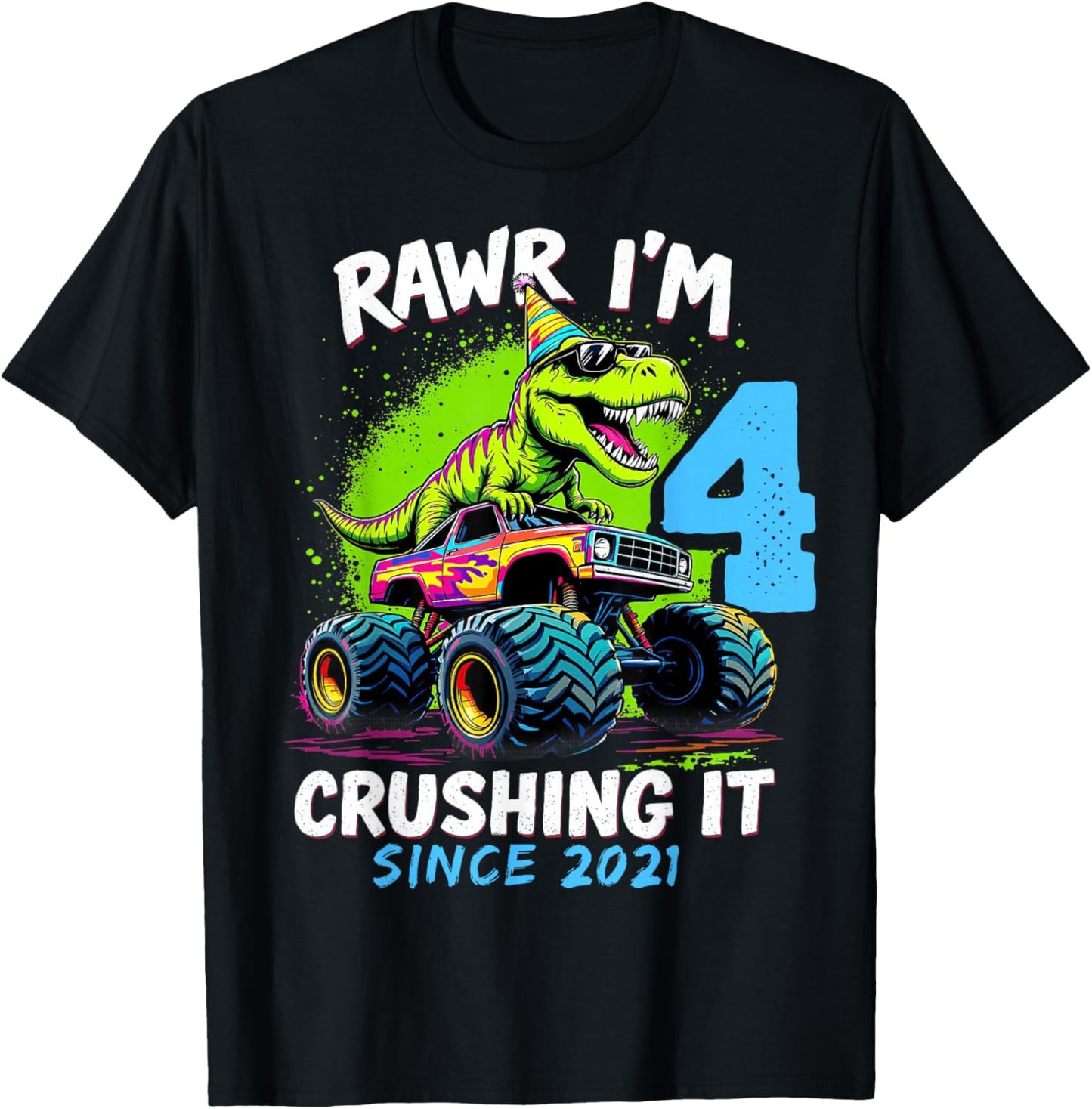 4th Birthday Monster Truck Dinosaur Party Boys Rawr I'm 4 T-Shirt - T-Shirt | Black