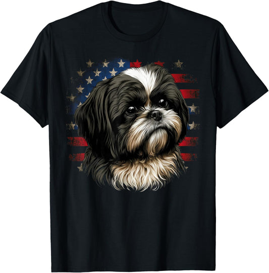 USA 4th Of July Shih Tzu on Patriotic American Shih Tzu T-Shirt - T-Shirt | Black
