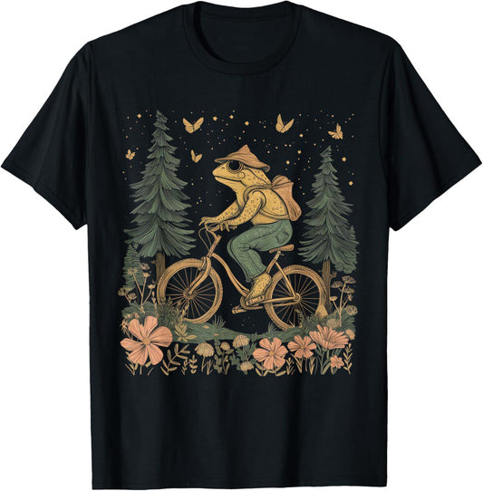 Cottagecore Frog Riding Bike Funny Aesthetic Wild Flower T-Shirt - T-Shirt | Black