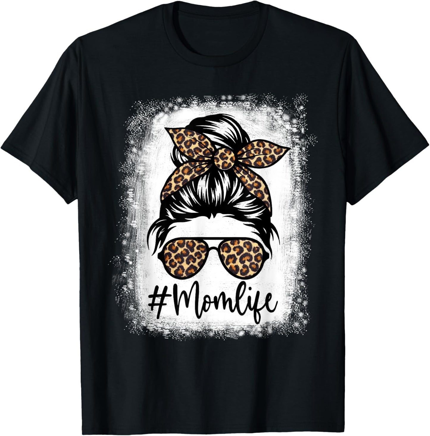 Women Mom Life Bleached Shirt Mom Life Leopard Messy Bun T-Shirt - T-Shirt | Black