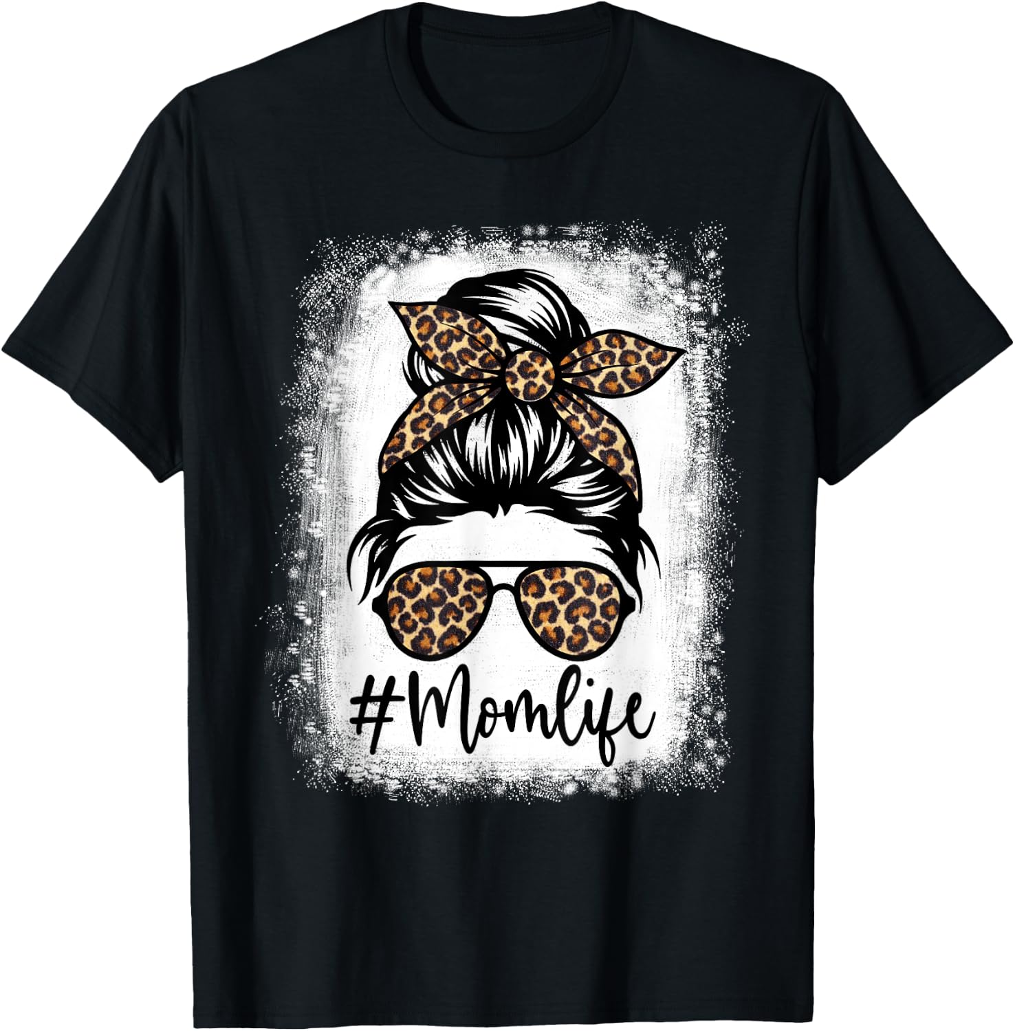 Women Mom Life Bleached Shirt Mom Life Leopard Messy Bun T-Shirt - T-Shirt | Black