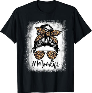 Women Mom Life Bleached Shirt Mom Life Leopard Messy Bun T-Shirt - T-Shirt | Black