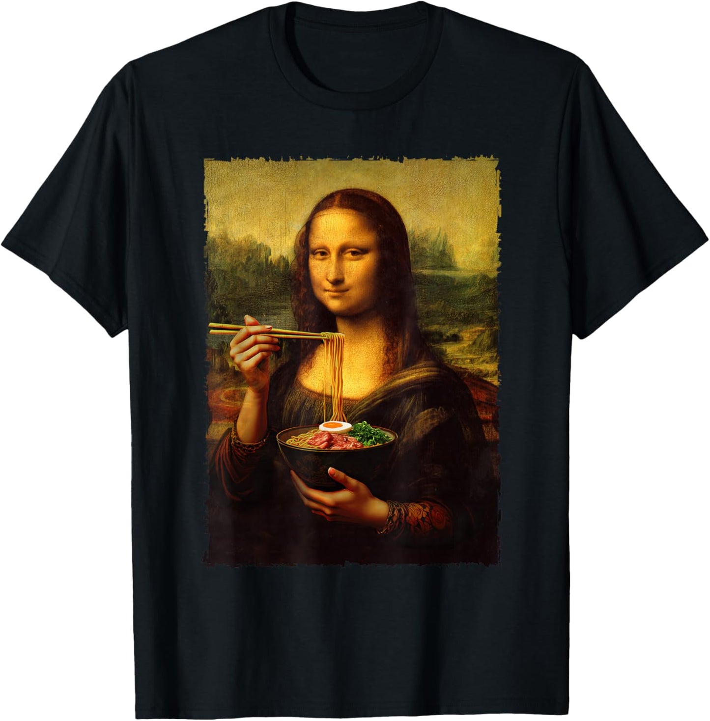 Mona Lisa Eating Ramen Japanese Noodles Art Teacher T-Shirt - T-Shirt | Black