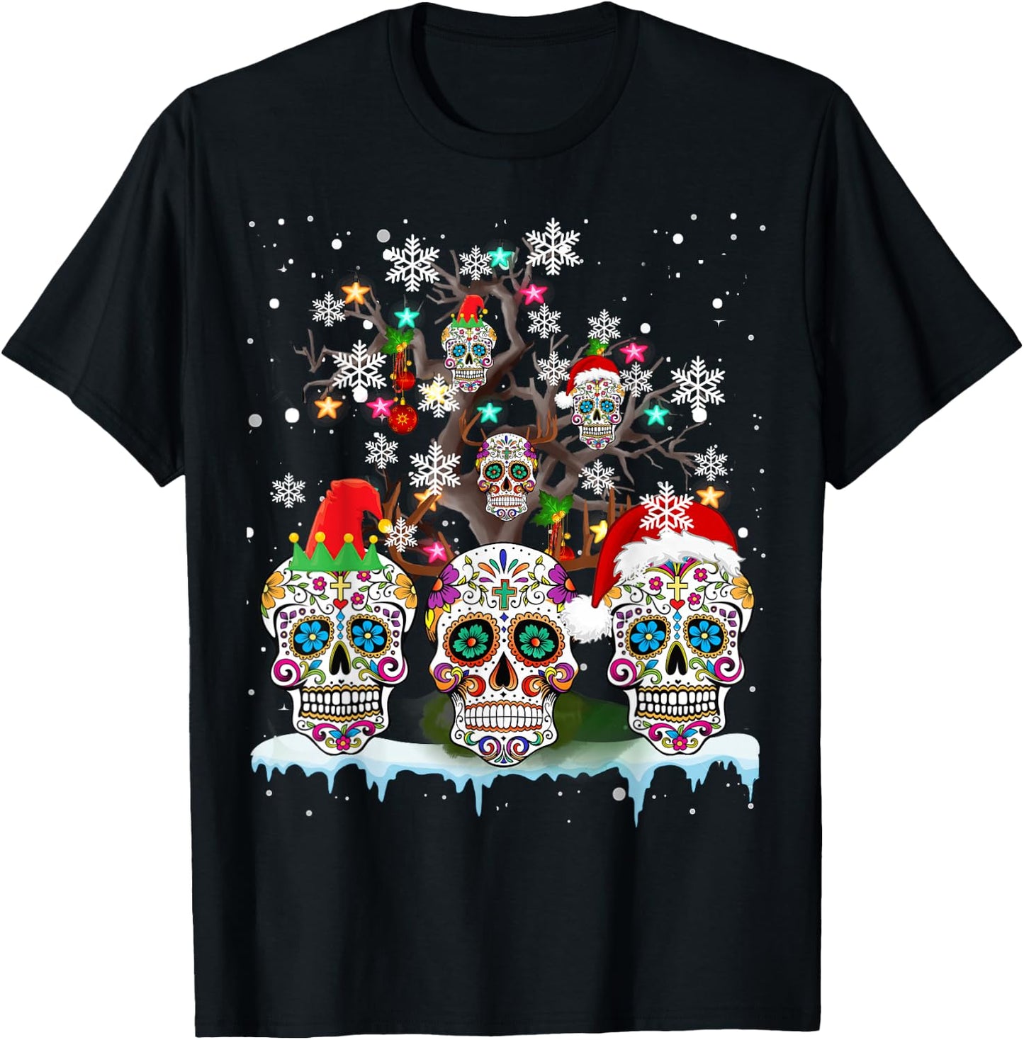 Christmas Sugar Skull On Tree Funny Santa Sugar Skull Gifts T-Shirt - T-Shirt | Black