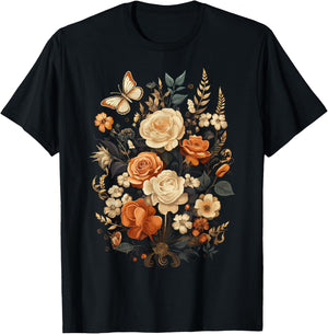 Vintage Pressed Flowers Butterflies Floral Boho Wildflowers T-Shirt - T-Shirt | Black
