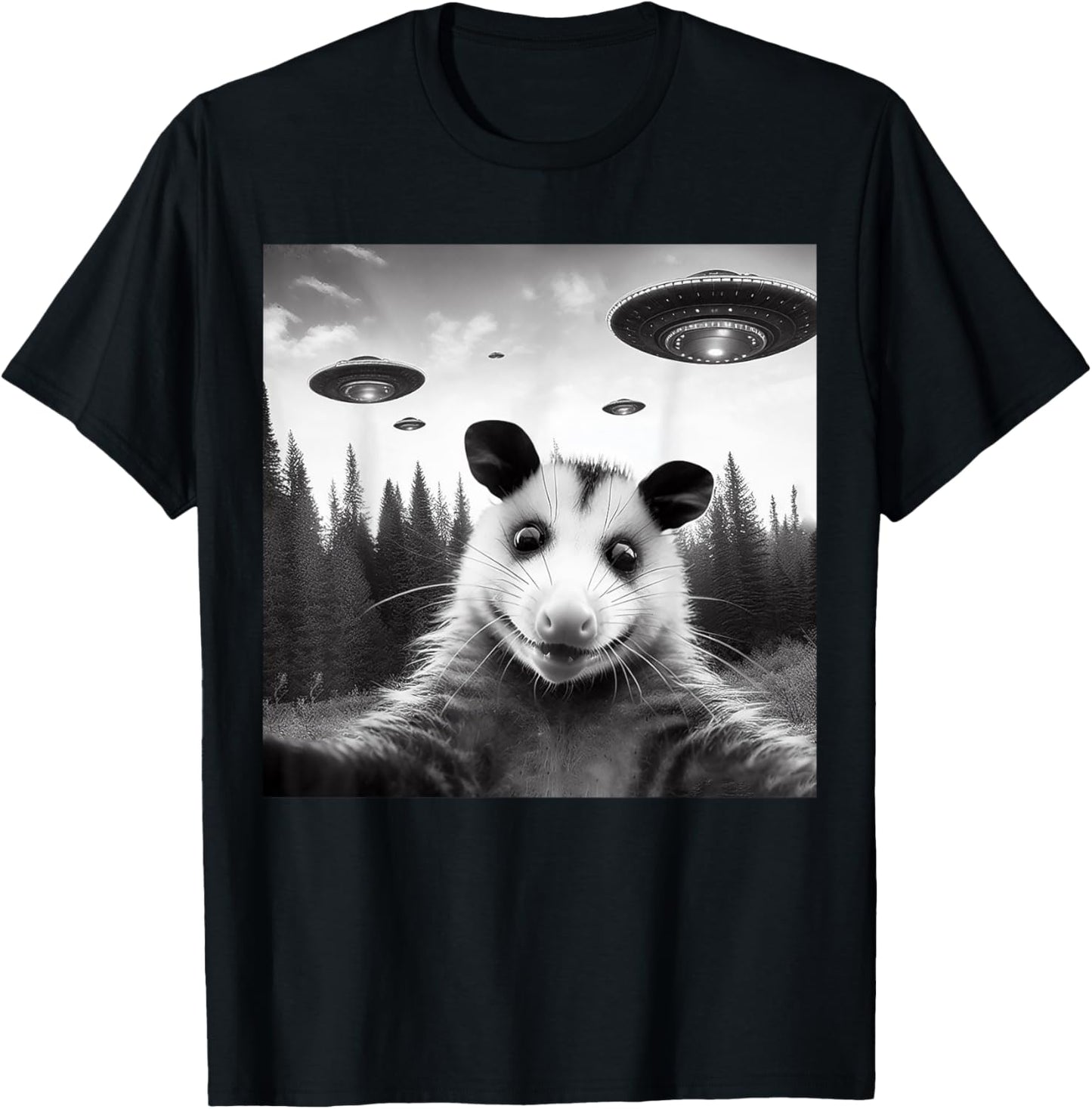 Opossum Selfie With Alien UFO Funny Gifts Women Kid T-Shirt - T-Shirt | Black