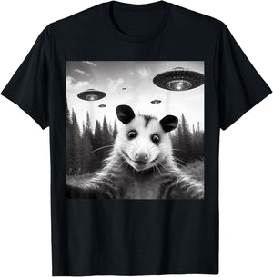 Opossum Selfie With Alien UFO Funny Gifts Women Kid T-Shirt - T-Shirt | Black