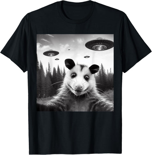 Opossum Selfie With Alien UFO Funny Gifts Women Kid T-Shirt - T-Shirt | Black