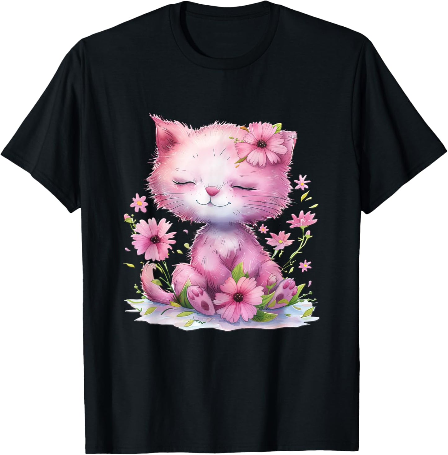 Cat with Flowers Cute Cats Forest Kitten Animal Daughter T-Shirt - T-Shirt | Black