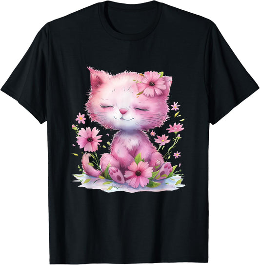 Cat with Flowers Cute Cats Forest Kitten Animal Daughter T-Shirt - T-Shirt | Black