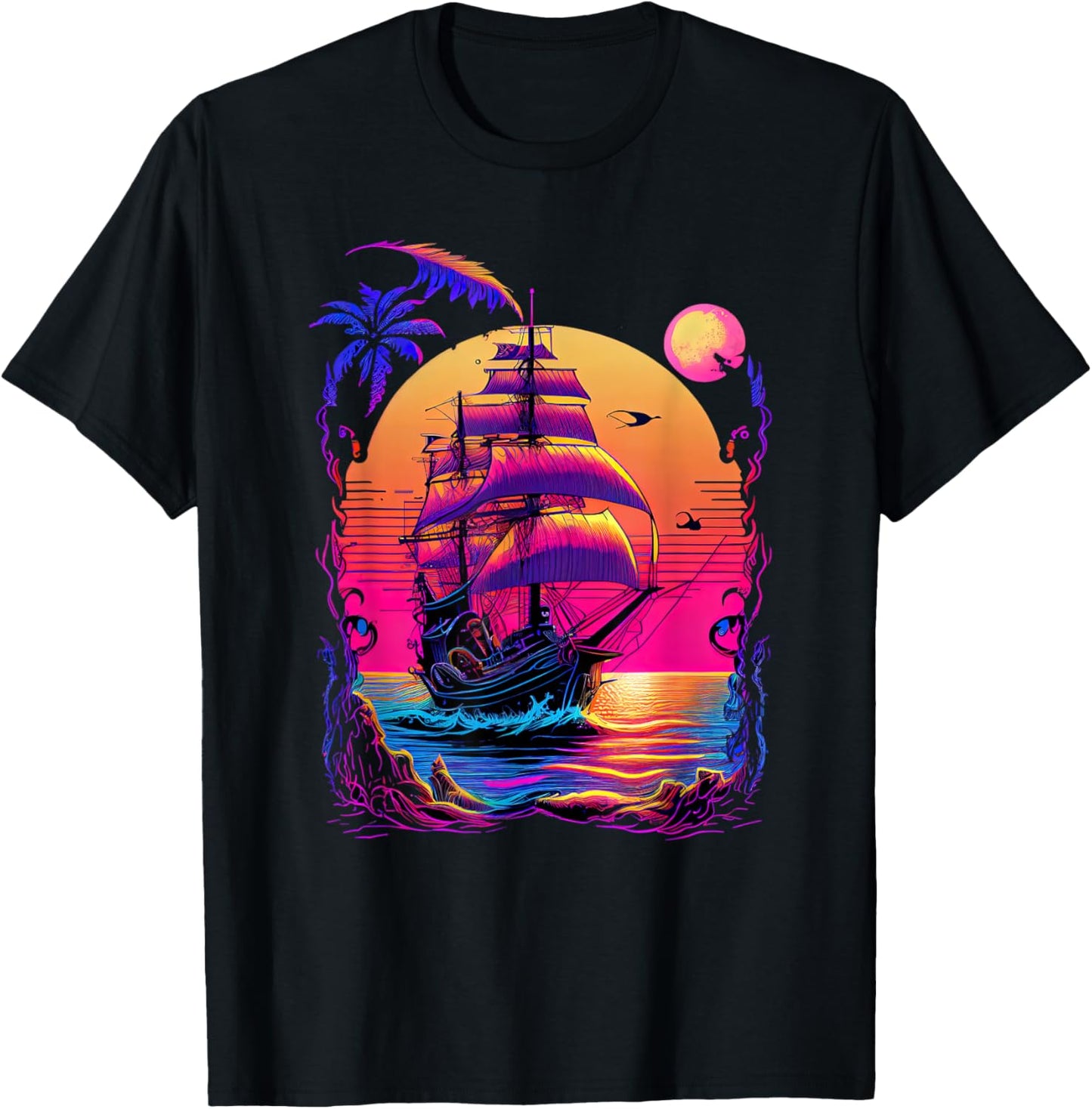 Synthwave Retrowave Pirate Ship Colorful Graphic T-Shirt - T-Shirt | Black