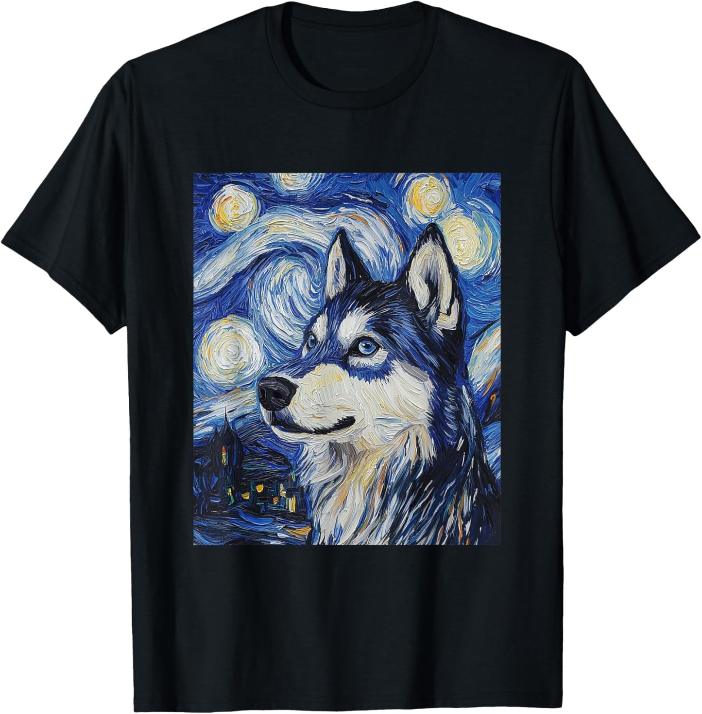 Siberian Husky Dog Wolf Van Gogh Style Starry Night T-Shirt - T-Shirt | Black