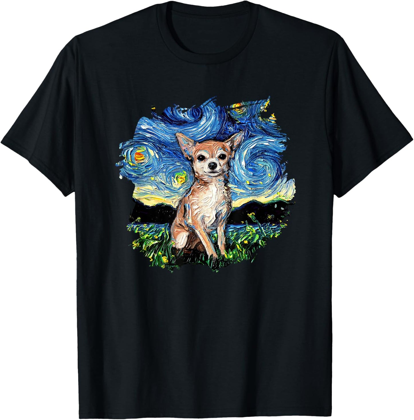 Tan Chihuahua Starry Night Impressionist Dog Art by Aja T-Shirt - T-Shirt | Black