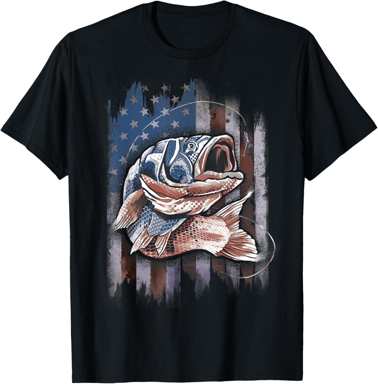 Patriotic Fishing 4th of July Men Amercian Flag Bass Fishing T-Shirt - T-Shirt | Black