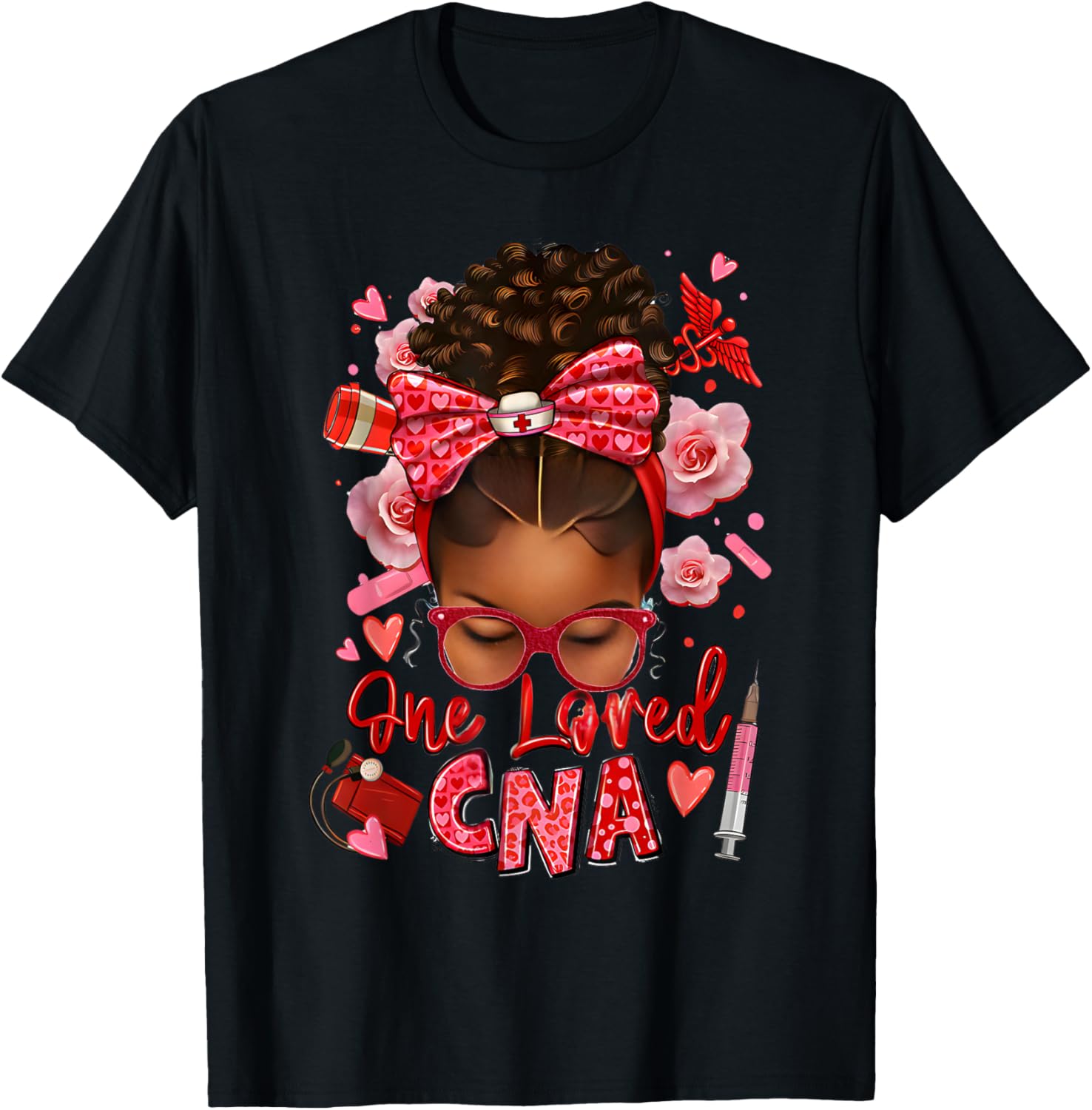 One loved CNA Pink Leopard Afro Messy Bun T-Shirt - T-Shirt | Black