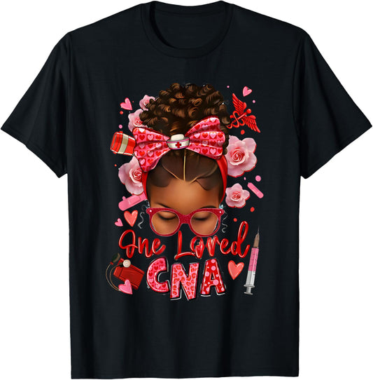 One loved CNA Pink Leopard Afro Messy Bun T-Shirt - T-Shirt | Black