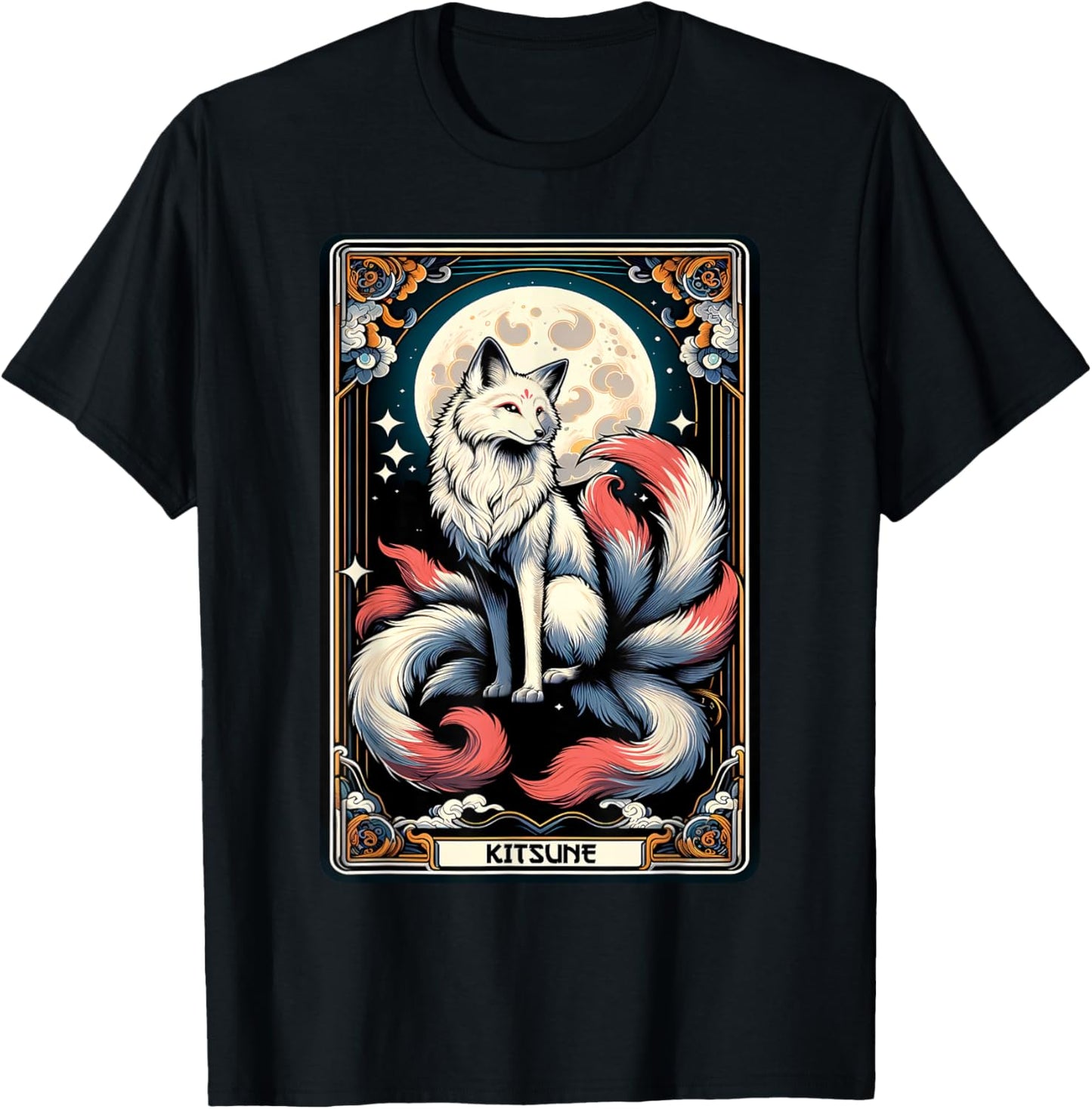 Japanese Kitsune Fox Nine Tailed Fox Tarot Card Anime T-Shirt - T-Shirt | Black