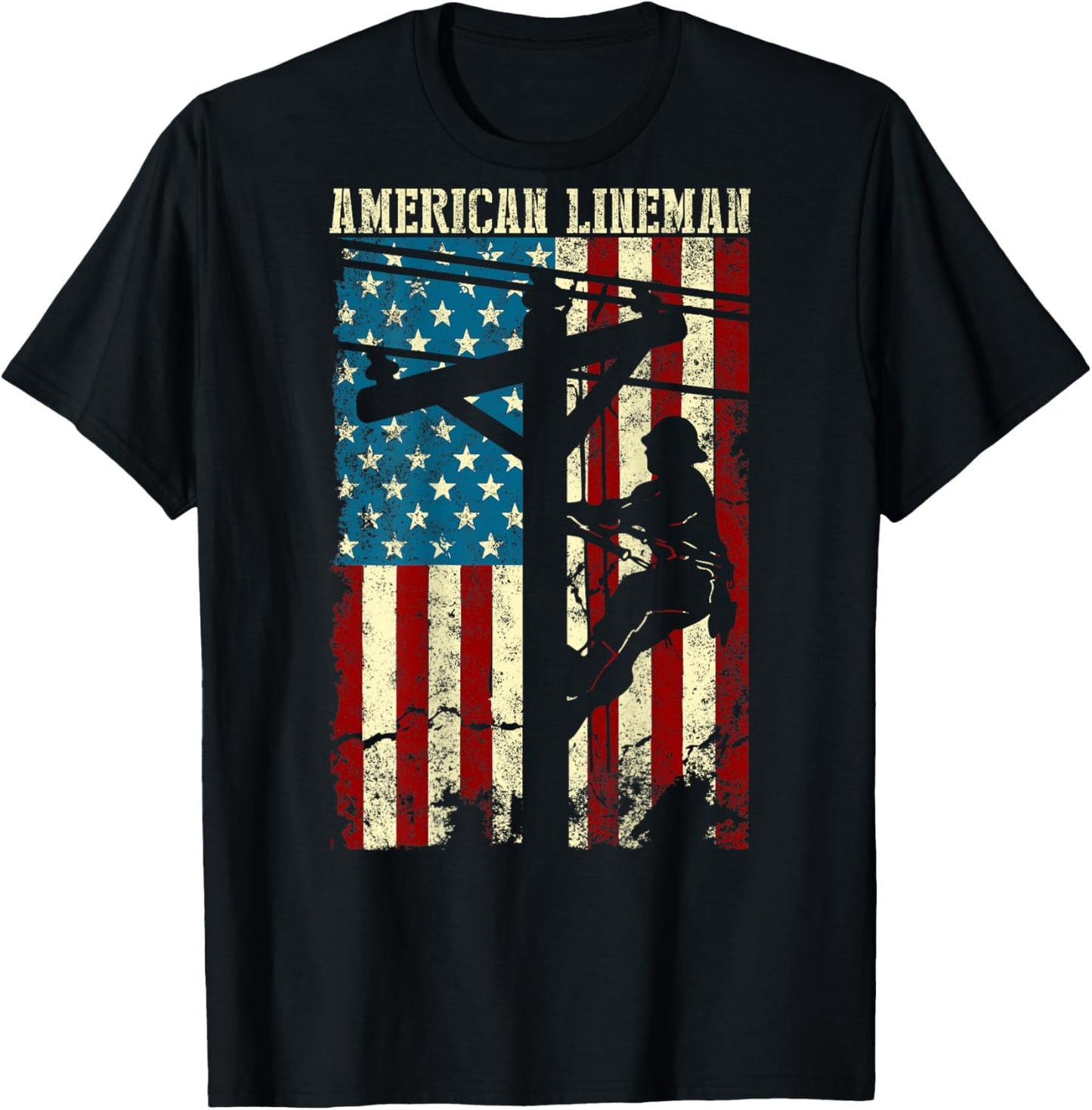 Lineman American Flag Electric Cable Gift Patriotic Lineman T-Shirt - T-Shirt | Black