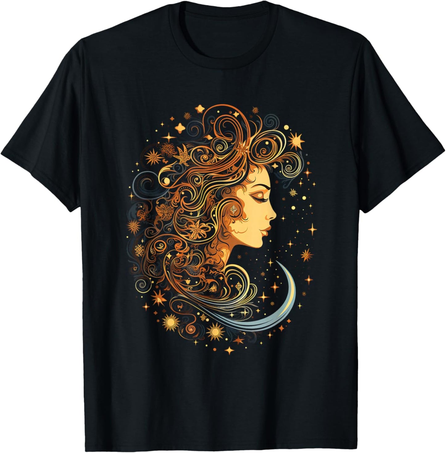 Mystic Sun and Moon Woman Mystical Flowers Aesthetic T-Shirt - T-Shirt | Black