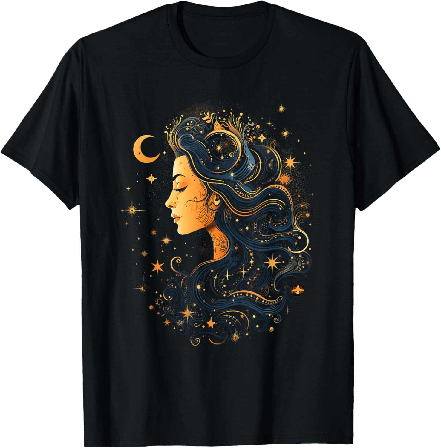 Mystical Sun and Moon with Woman Mystical Flowers Aesthetic T-Shirt - T-Shirt | Black