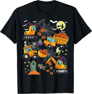 Kids Construction Vehicle Halloween Crane Truck Pumpkin Boys T-Shirt - T-Shirt | Black