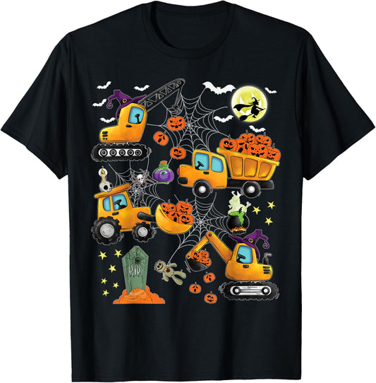 Kids Construction Vehicle Halloween Crane Truck Pumpkin Boys T-Shirt - T-Shirt | Black