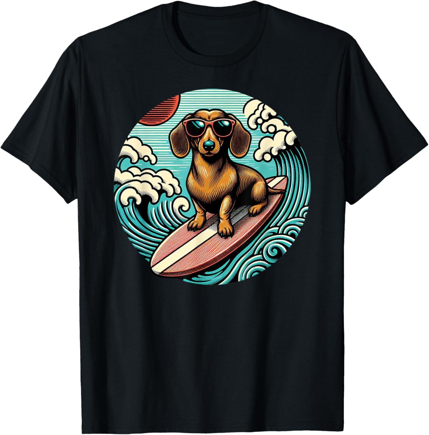 Red Dachshund Surfing Summer Vibes Ocean Beach Surfer Wave T-Shirt - T-Shirt | Black