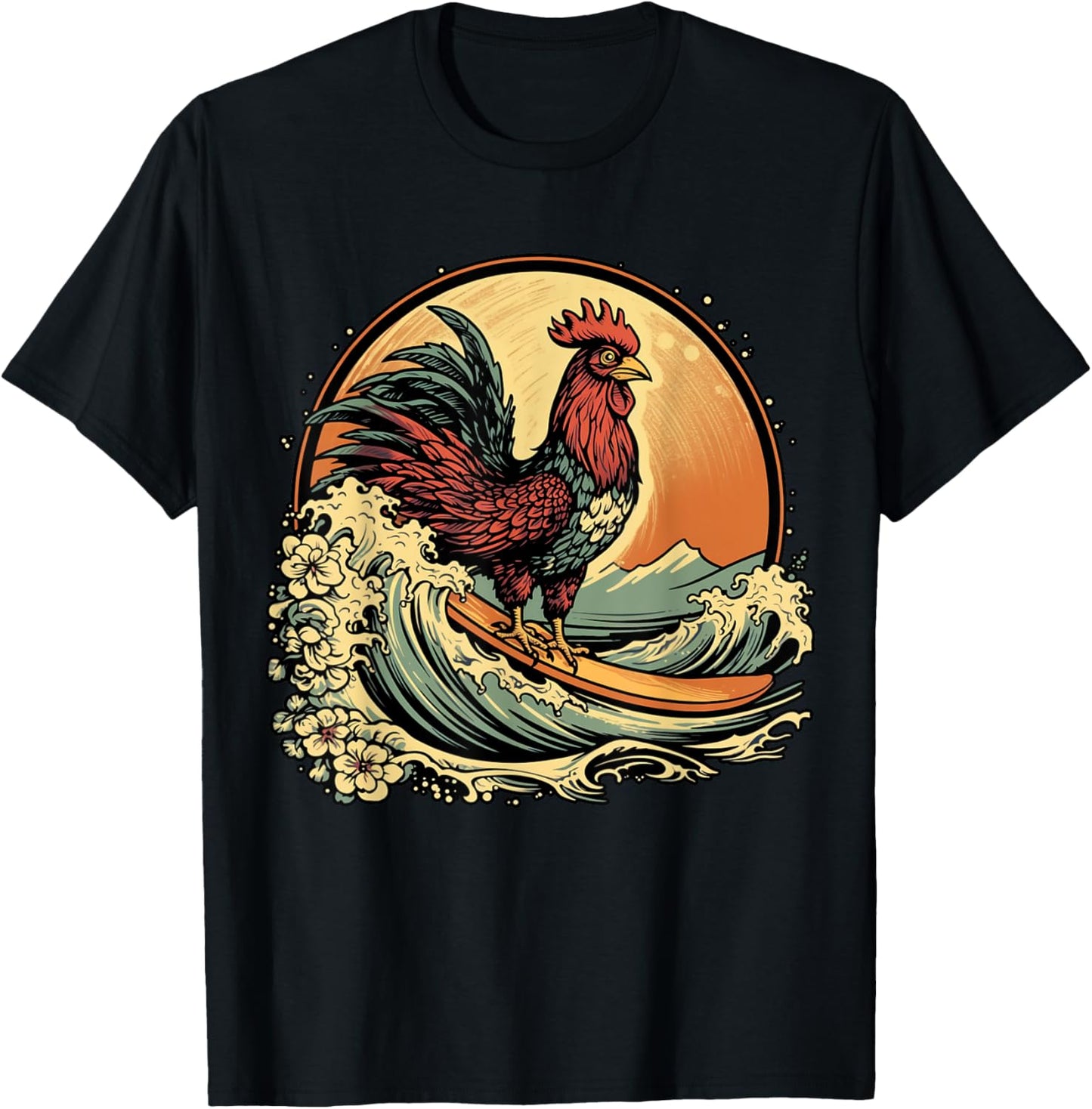 Cool, Funny, Surfing Rooster, Surf, Chicken, Cockerel T-Shirt - T-Shirt | Black