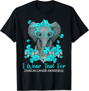 Women Teal Elephant I Wear Teal For Ovarian Cancer Awareness T-Shirt - T-Shirt | Black