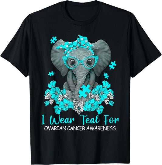 Women Teal Elephant I Wear Teal For Ovarian Cancer Awareness T-Shirt - T-Shirt | Black