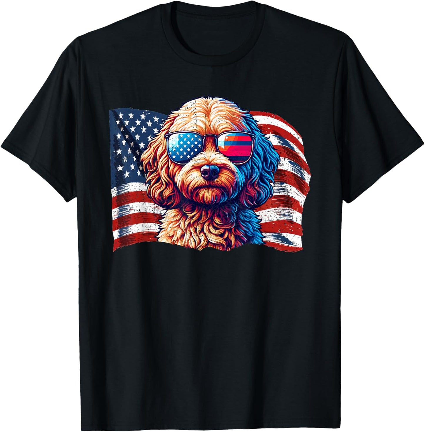 Vintage Cockapoo Dogs American Flag Patriotic Sunglasses T-Shirt - T-Shirt | Black