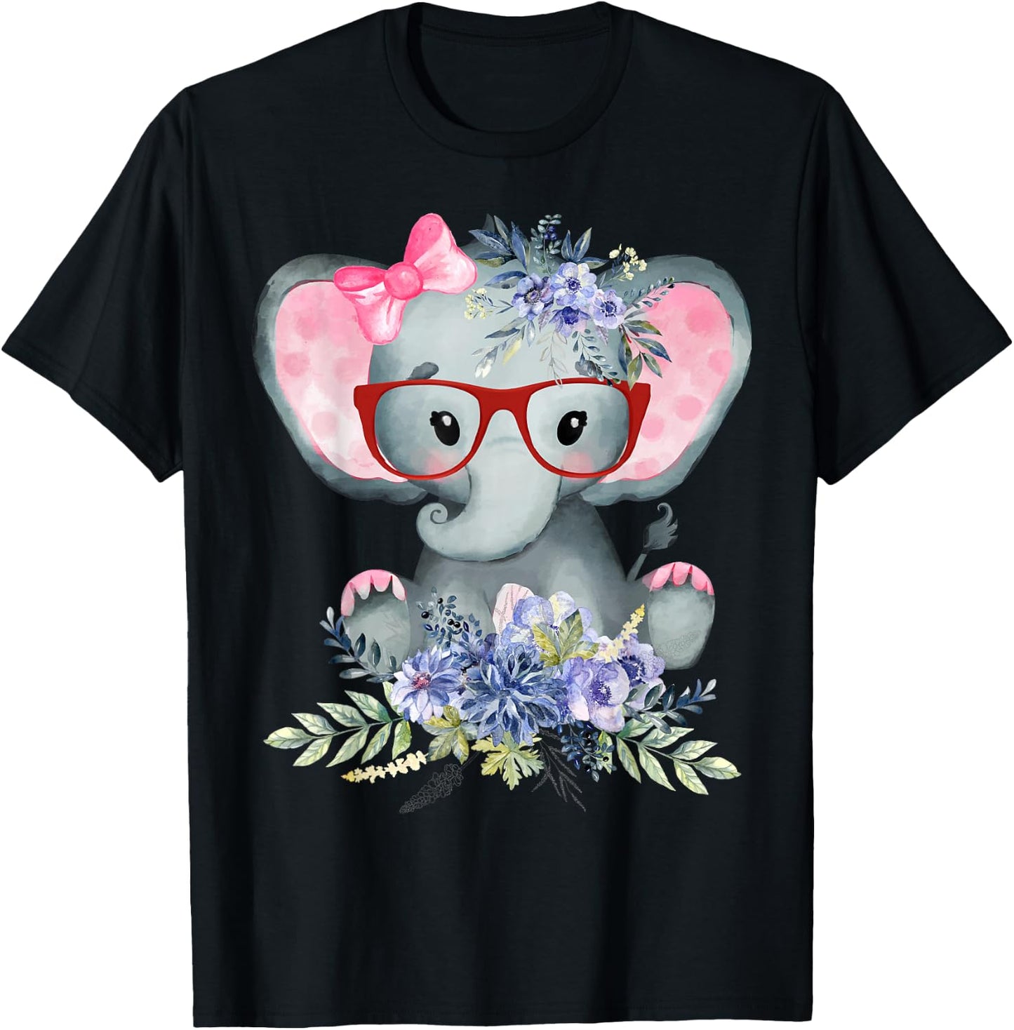 Cute Girl Baby Elephant Wearing Bow Tie & Glasses w/ Flowers T-Shirt - T-Shirt | Black
