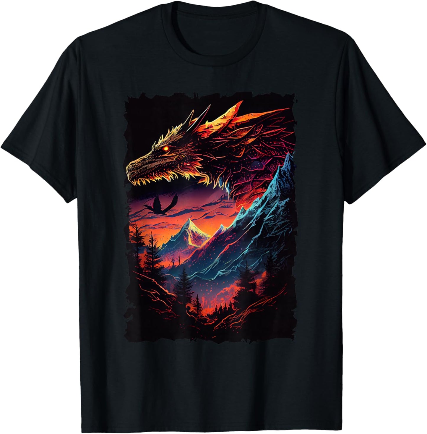 Dragon with Mountain Sunset Retro Fantasy Adventure Design T-Shirt - T-Shirt | Black