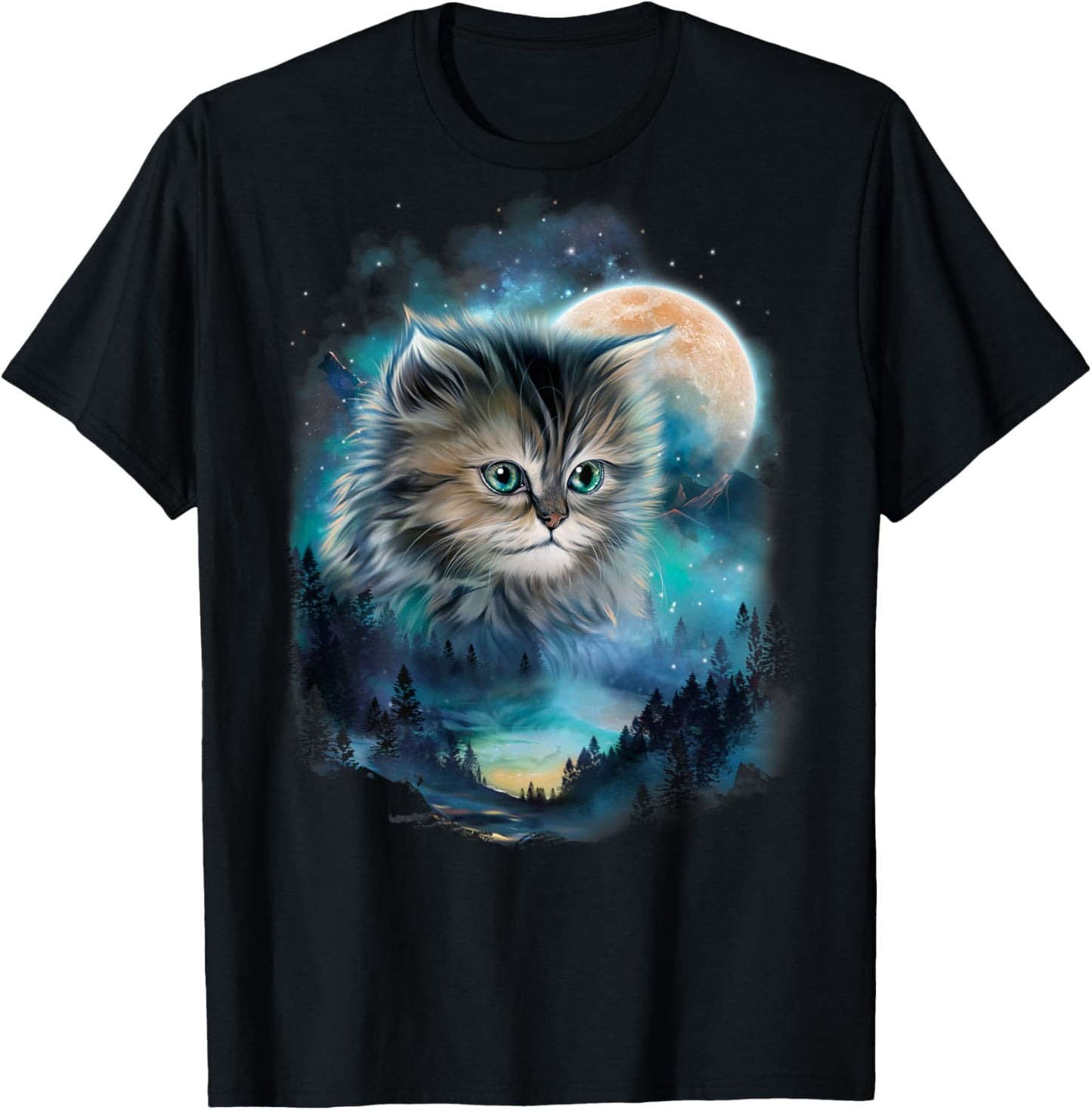 Mystical Cat Under Moonlit Forest Sky Men Women Kids T-Shirt - T-Shirt | Black