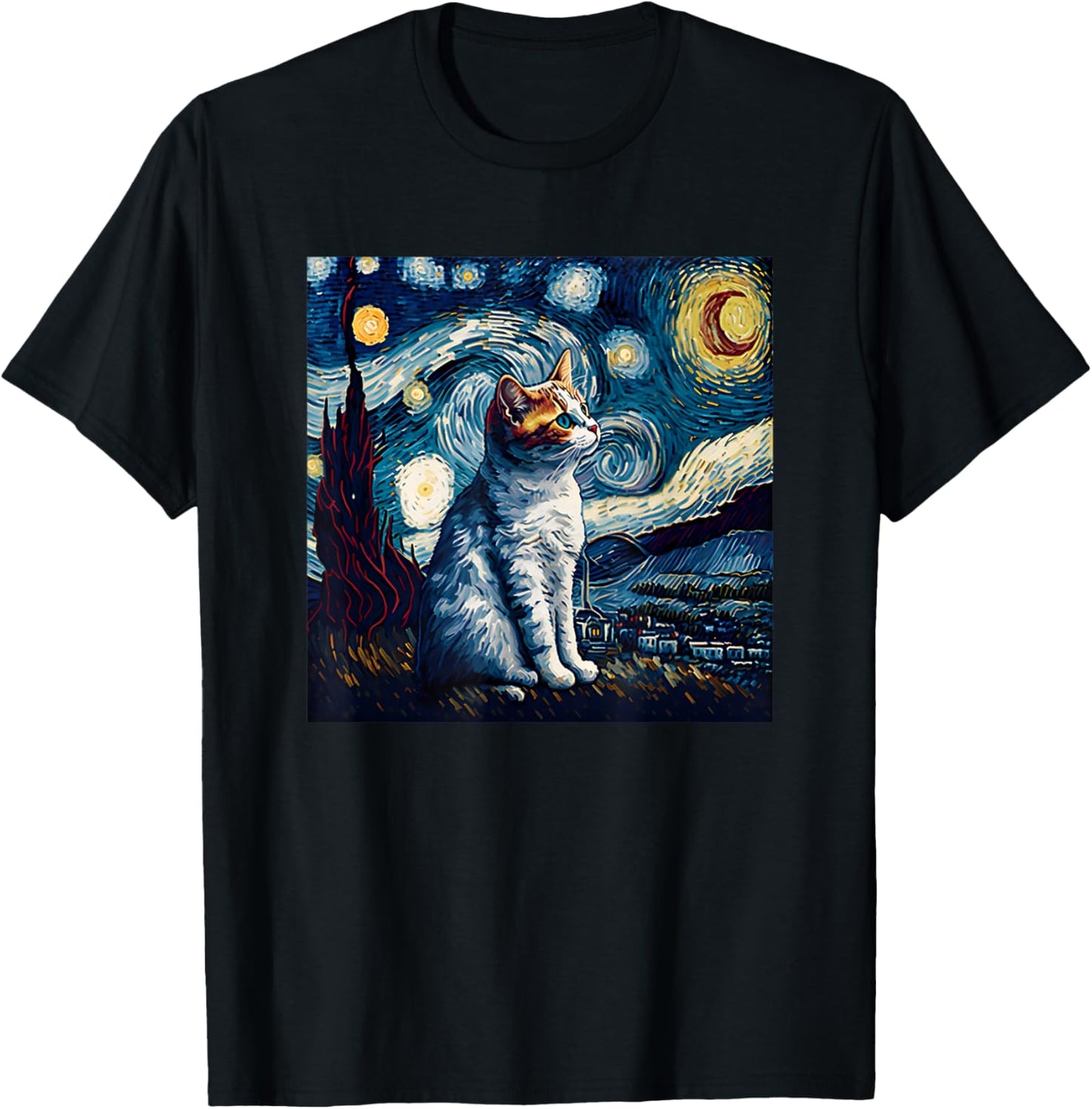 Starry Night Cat Van Gogh Funny Cat Lover Mom Dad T-Shirt - T-Shirt | Black
