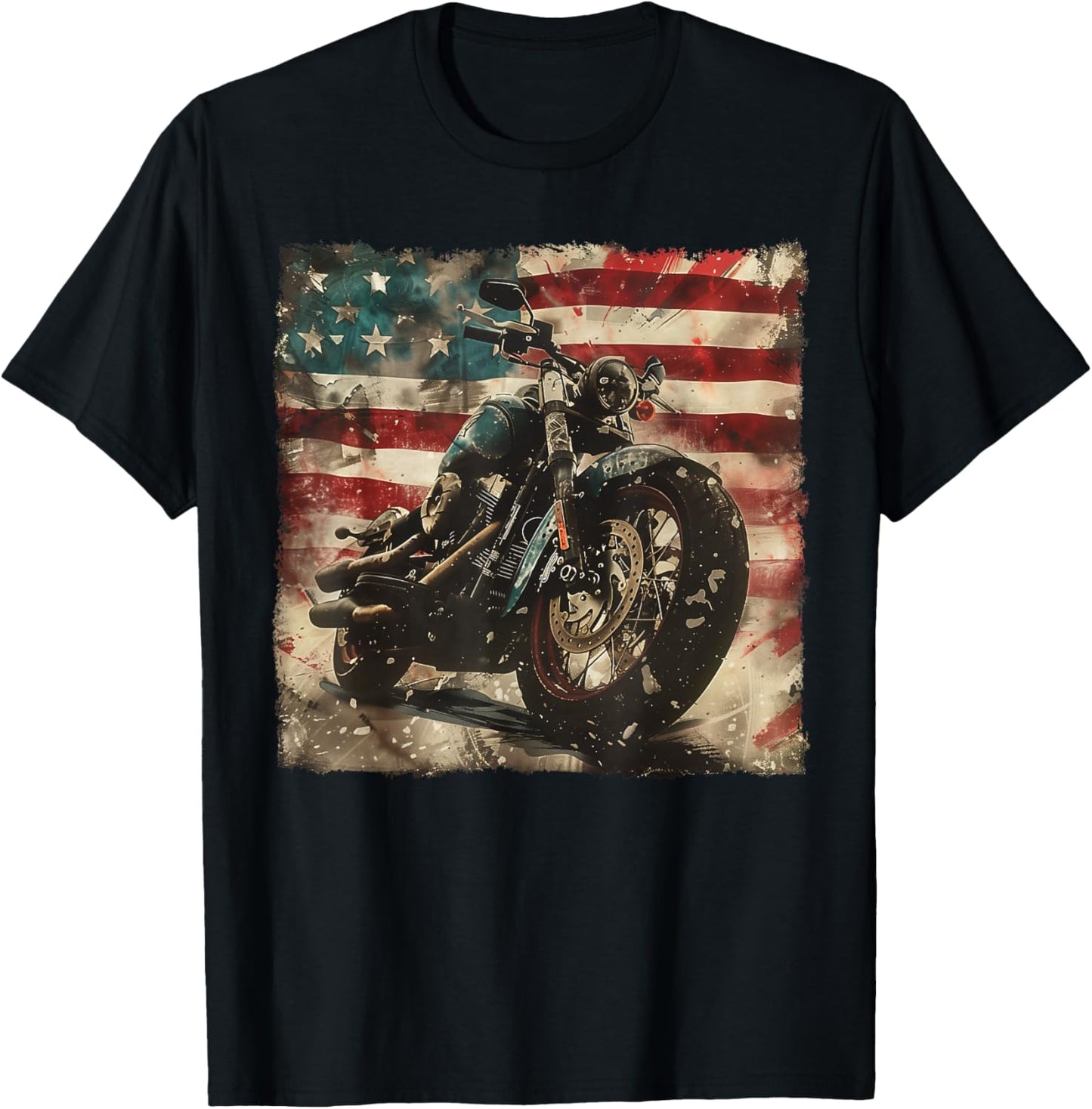 Vintage Motorcycle USA Flag Retro Biker American T-Shirt - T-Shirt | Black