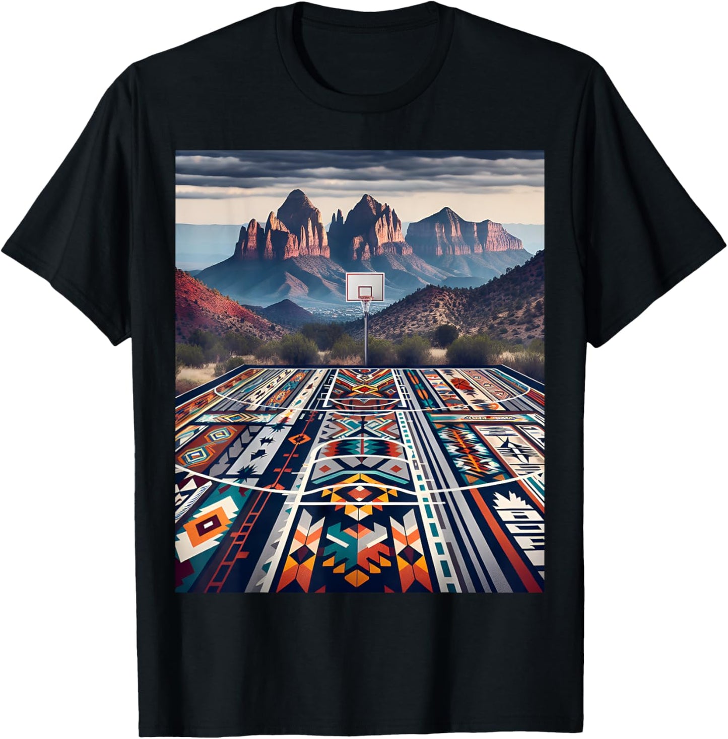 Flagstaff Mountain Basketball: Native American Pattern T-Shirt - T-Shirt | Black