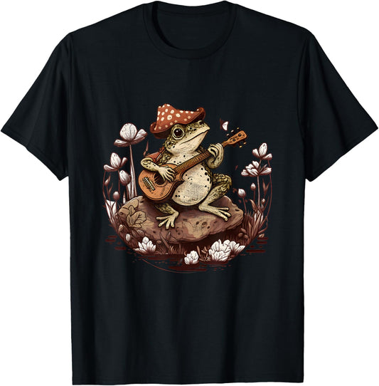 Aesthetic Vintage Frog Store Co. Vintage Toad Frog Playing Banjo Mushroom Cottagecore -Adults & Kids - Black, Small T-Shirt - T-Shirt | Black