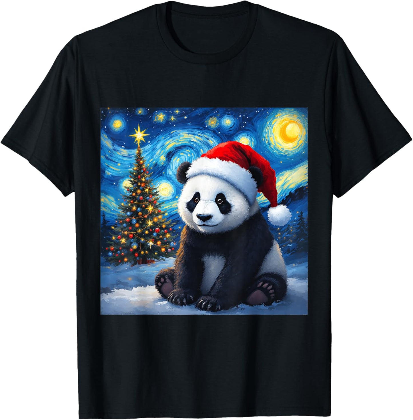 Christmas Panda Santa Hat Van Gogh Starry Night Holiday T-Shirt - T-Shirt | Black