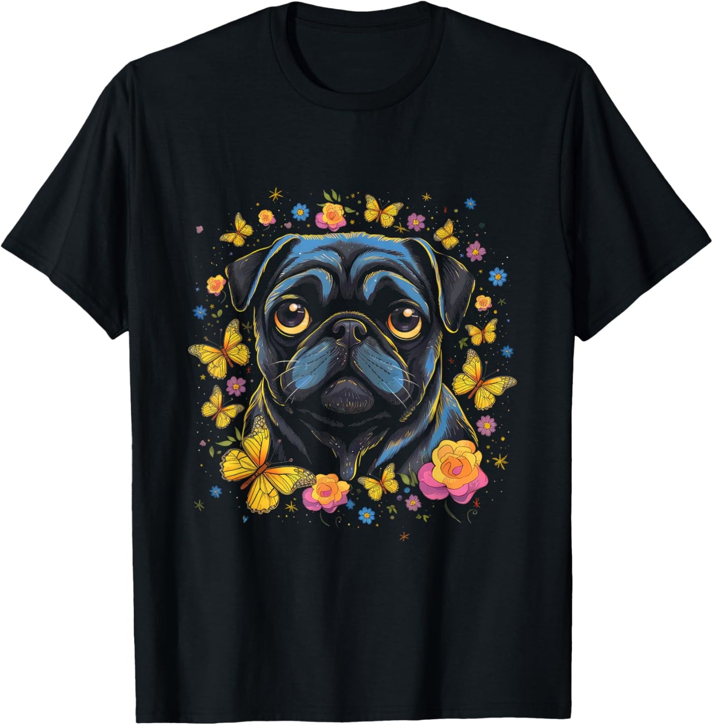 Black Pug with Butterflies and Flowers Retro Design T-Shirt - T-Shirt | Black