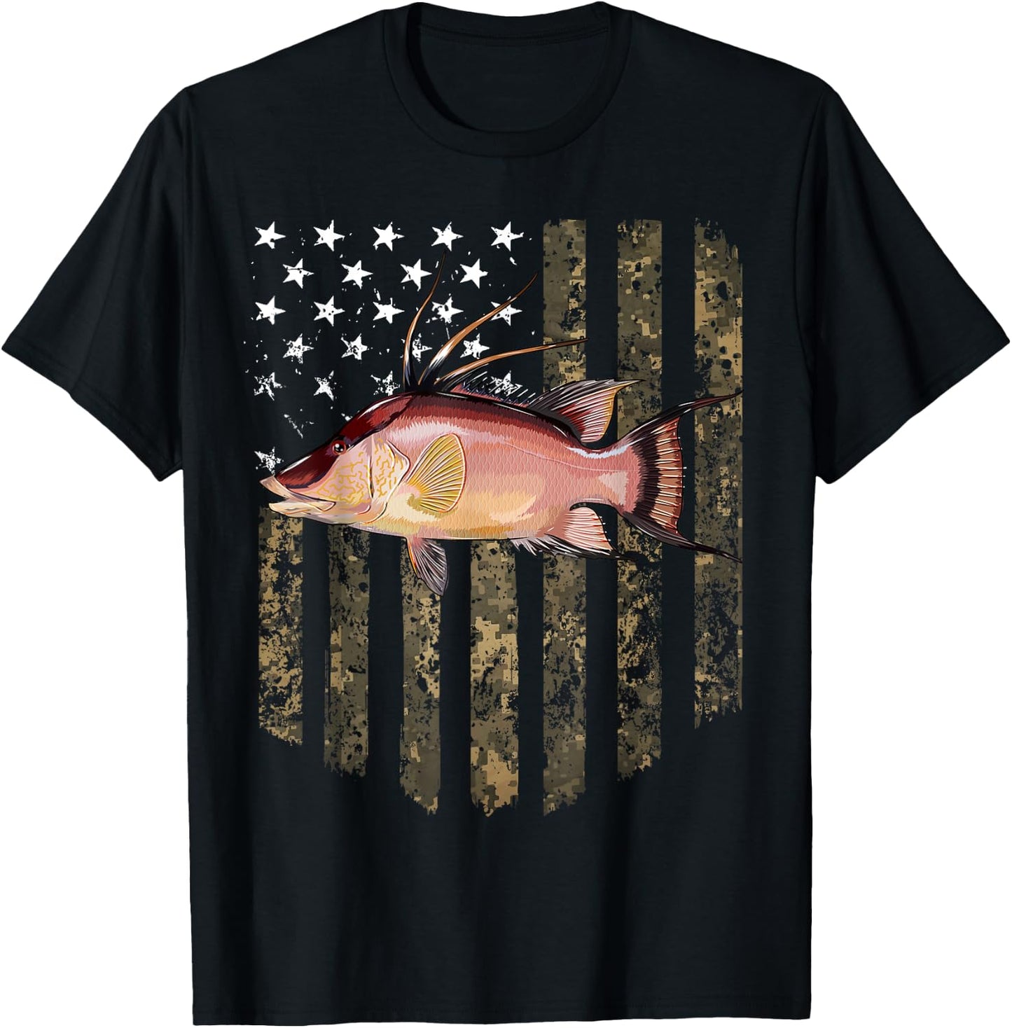 Camo American Flag Hogfish Fishing 4th Of July T-Shirt - T-Shirt | Black