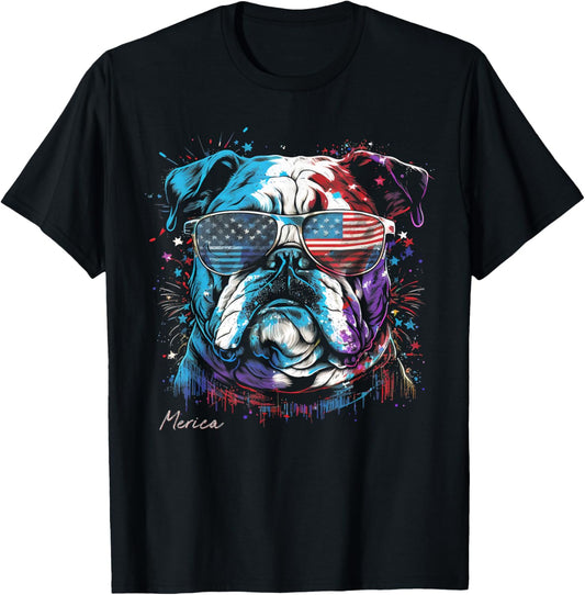 English Bulldog Dog 4th of July American Flag USA Funny T-Shirt - T-Shirt | Black