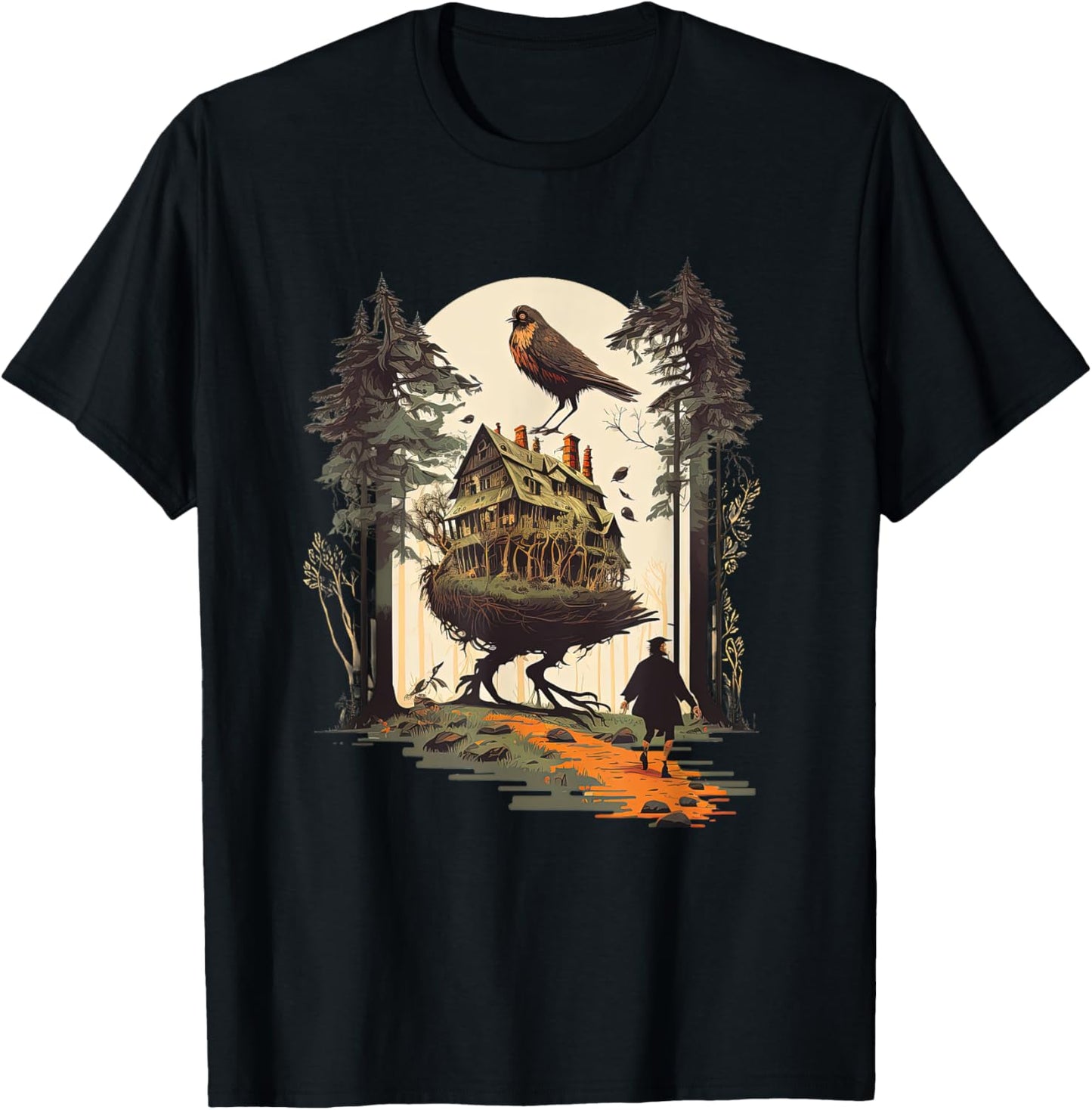 Walking House on Chicken Legs Slavic folklore Baba Yaga Art T-Shirt - T-Shirt | Black