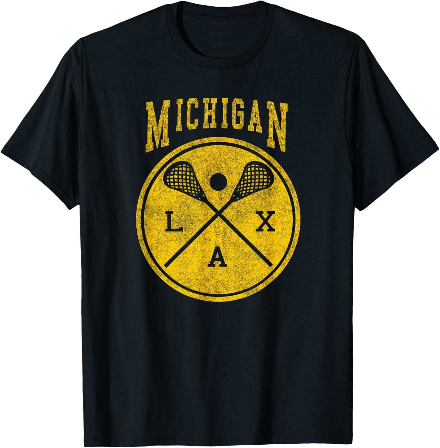 Michigan Lacrosse Vintage LAX Vintage Michigan Lacrosse Distressed LAX T-Shirt - T-Shirt | Black